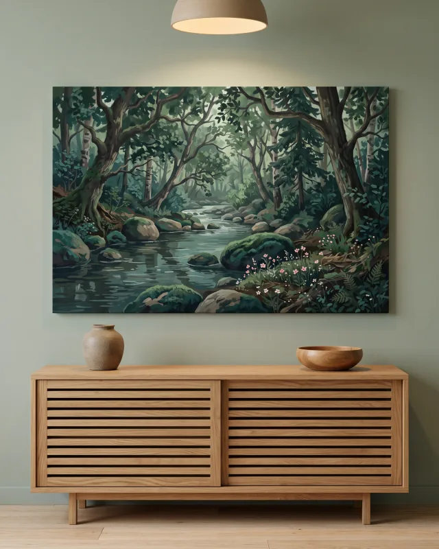 Canvas print – Forest Landscape with Stream and Rocks