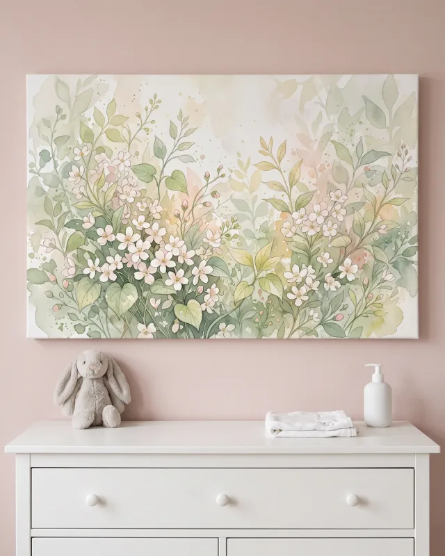 Leinwandbild – Weiße Blüten und rosa Knospen am Bildrand