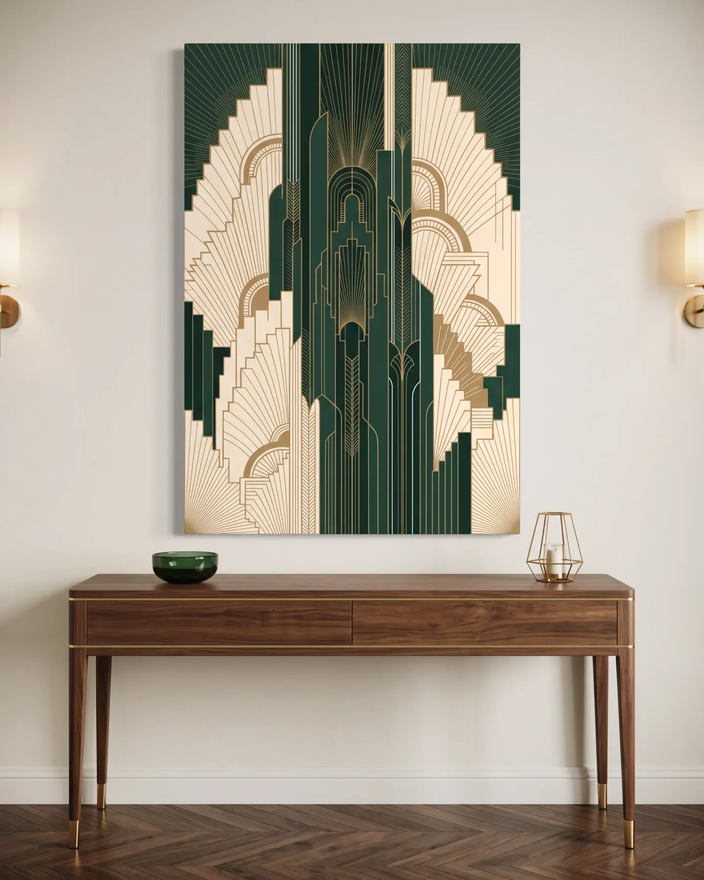 Leinwandbild – Art-Déco-Skyline in Grün und Gold