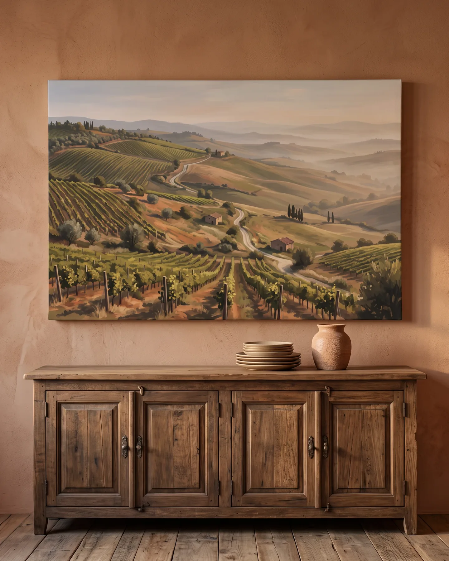 Leinwandbild – Hügellandschaft mit Weinbergen