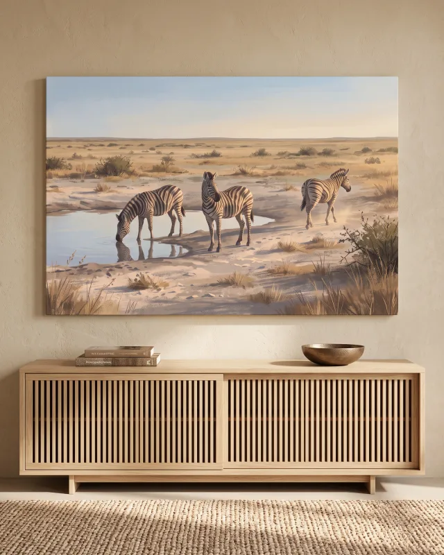 Leinwandbild – Zebras an der Wasserstelle