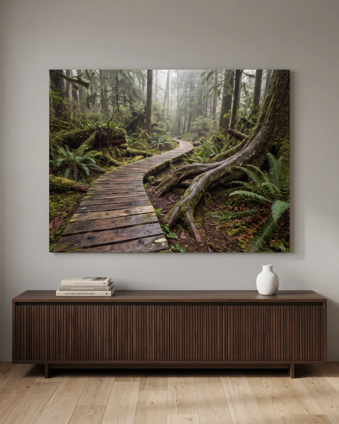 Leinwandbild – Holzsteg durch einen nebligen Wald