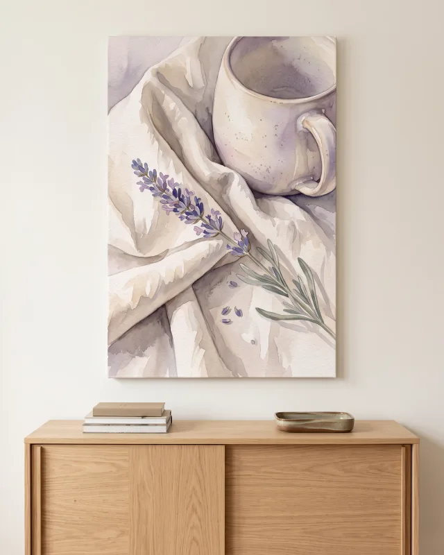 Leinwandbild – Lavendel auf Faltenstoff mit großer Tasse