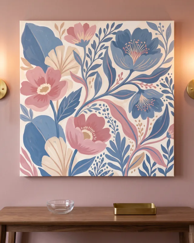 Leinwandbild – Rosa und blaue Blüten mit geschwungenen Stielen