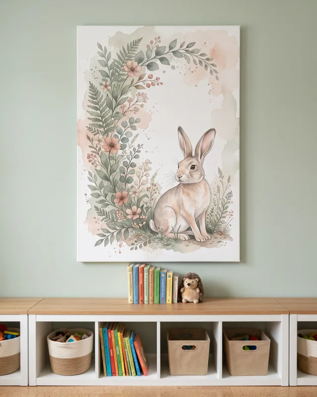 Leinwandbild – Hase im zarten Pflanzenbogen