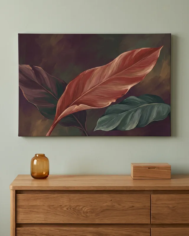 Leinwandbild – Botanische Blätter in Rot und Grün